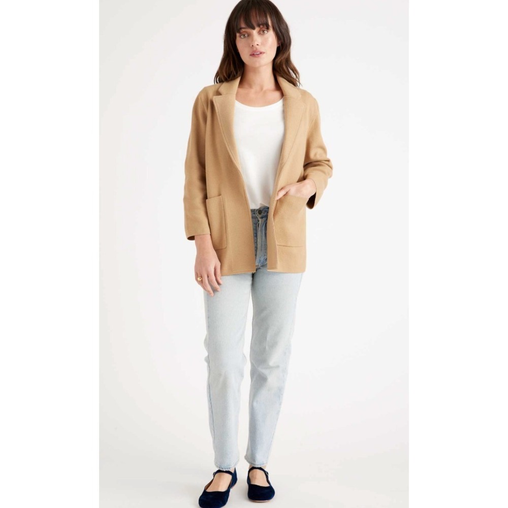 NWT Quince 100% Organic Cotton Knit Blazer Medium Sweater Jacket Camel Tan